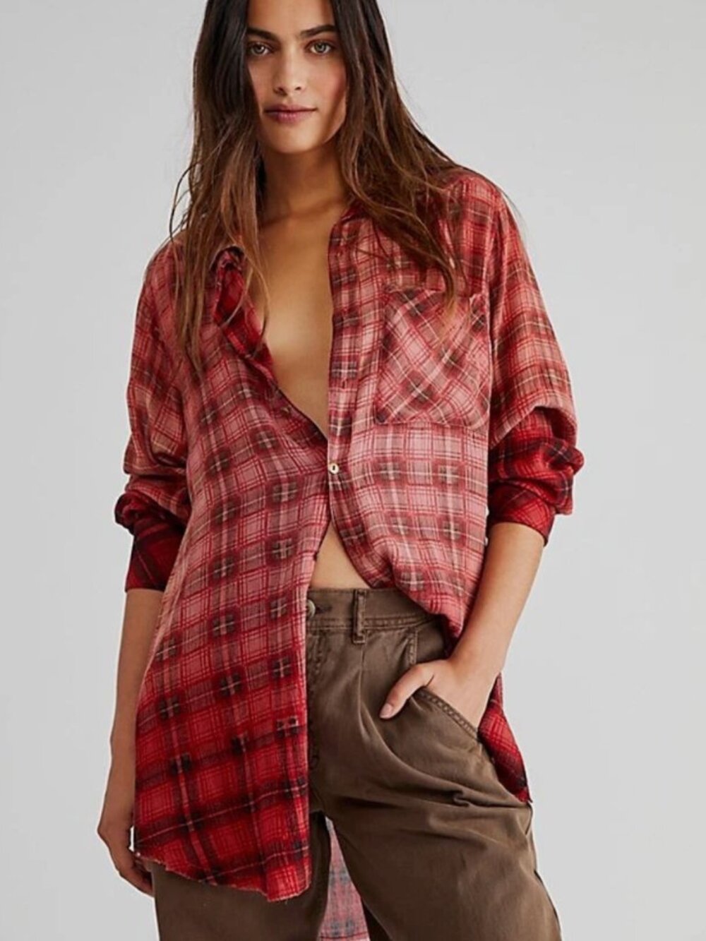FREE PEOPLE ONE OMBRE PLAID SHIRT